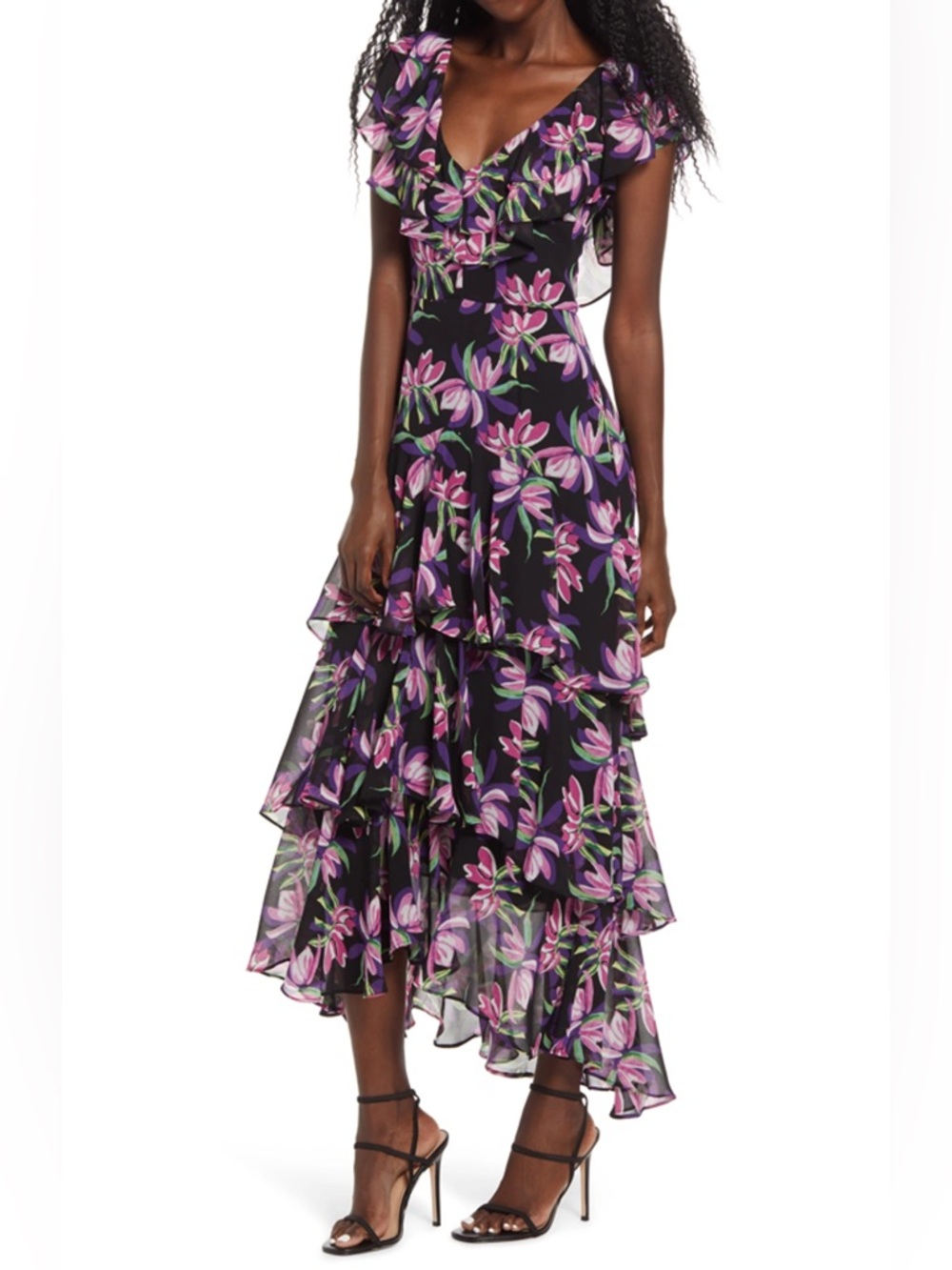WAYF Floral Tiered Ruffle Maxi Dress Black Pink Boho Cottagecore V Neck Medium